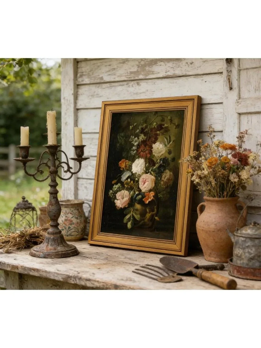 Vintage Floral Canvas Wall Art - Gold Frame Dark Flower Print for Rustic Decor
